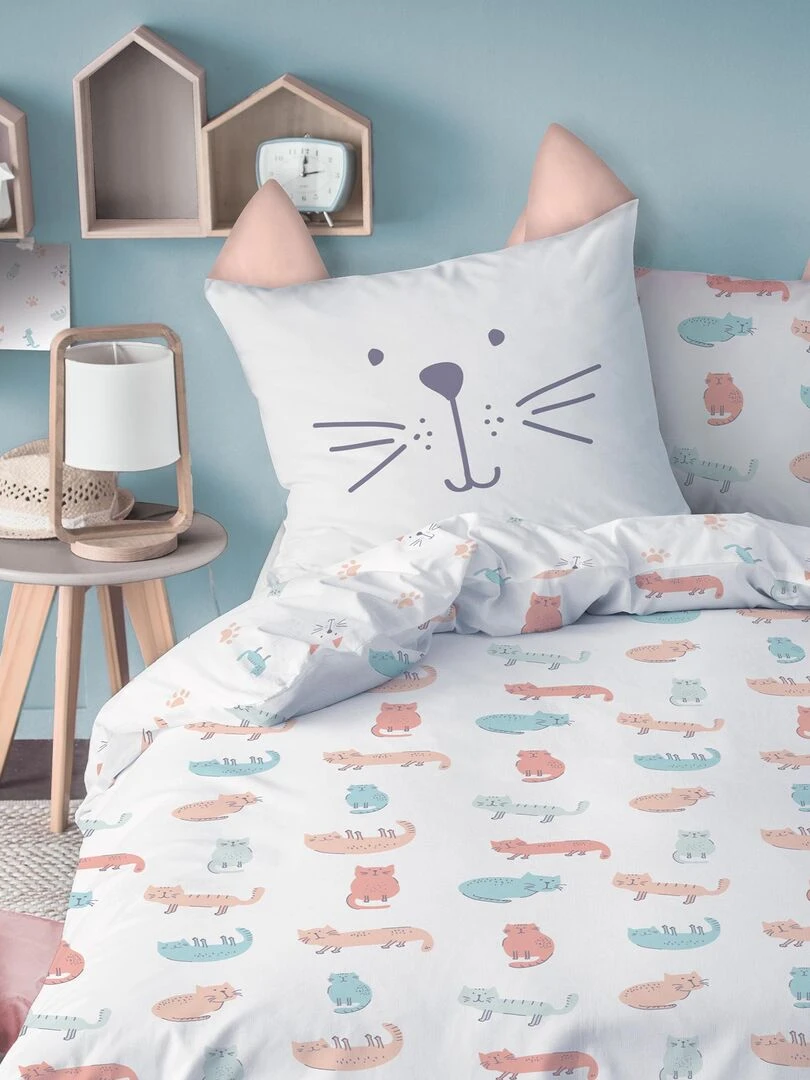 Parure de lit imprimée 100% coton MIAOU Blanc