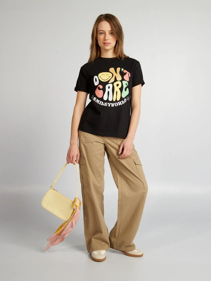 T shirt oversize à col rond 'Smiley' noir