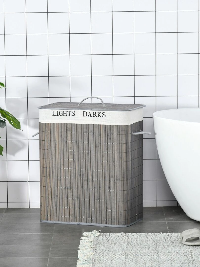 Panier à linge 2 bacs bambou sac amovible en toile gris Gris