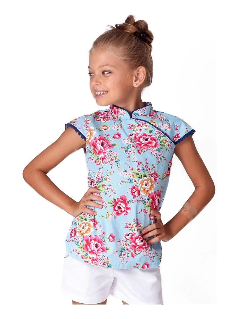 Blouse Chinoise Été Fille   Bleu Turquoise Rose  ANNAM   'LA FAUTE A VOLTAIRE'   Bleu turquoise