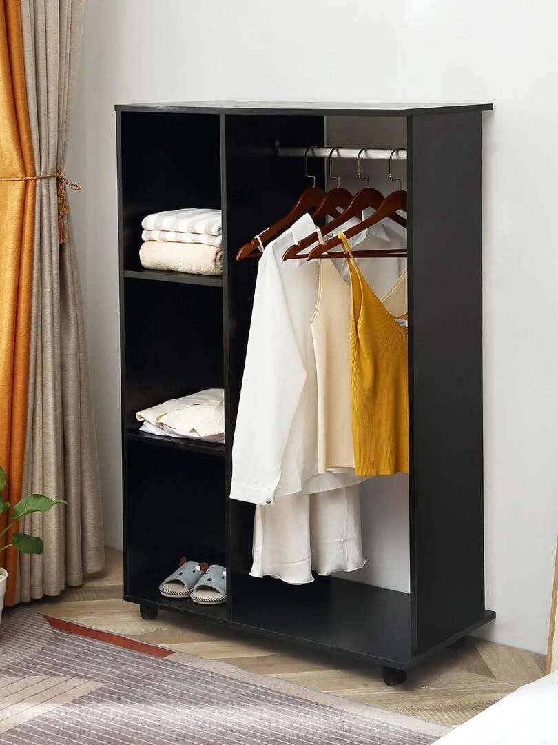 Armoire penderie de rangement sur roulettes 2 étagères noir Noir