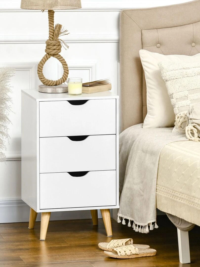 Chiffonnier 3 tiroirs design scandinave piètement bois pin panneaux blanc Blanc