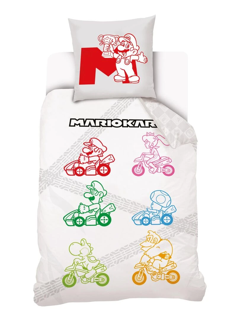 Housse de couette Mariokart Rainbow 140x200 cm et taie d'oreiller 100% Coton Blanc