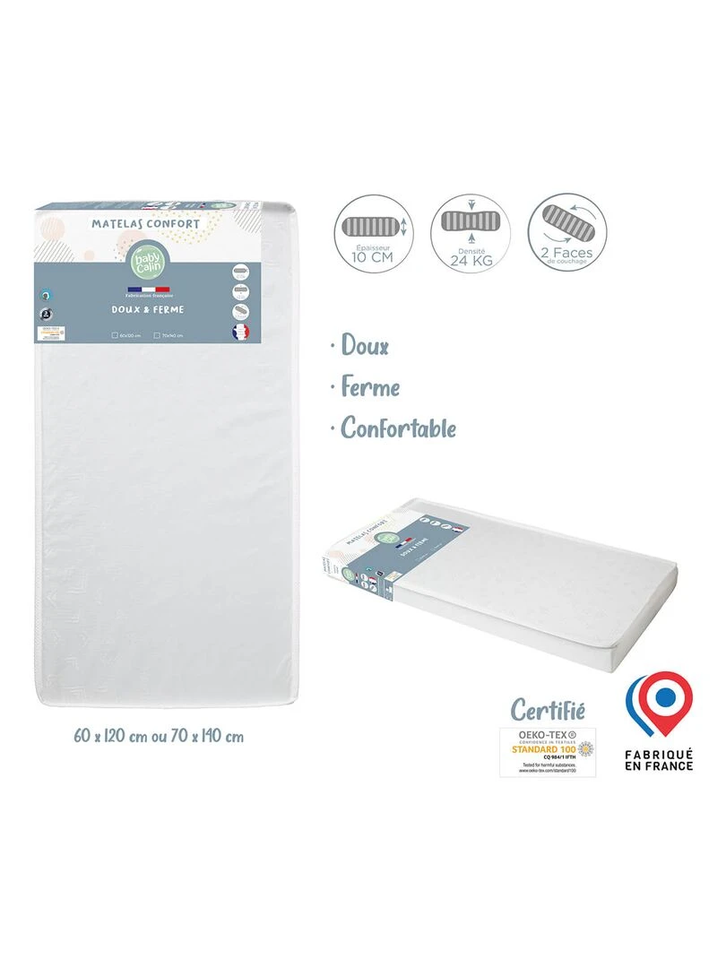 Matelas lit confort 60x120 cm 24kg/m3 Blanc