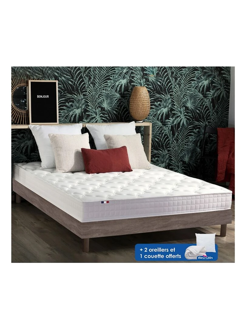 Ensemble Matelas accueil mémoire de forme MAM AZUR + Sommier + Kit couette Oreiller Blanc