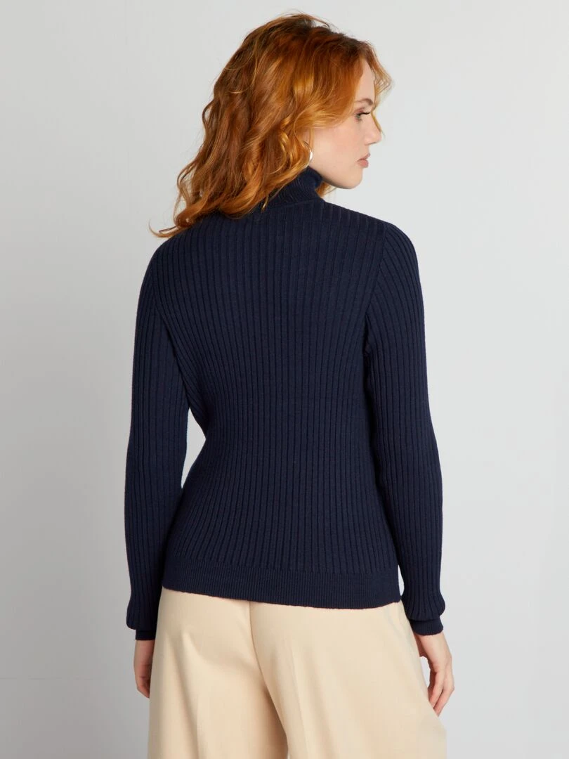 Pull côtelé à col montant   Bleu marine