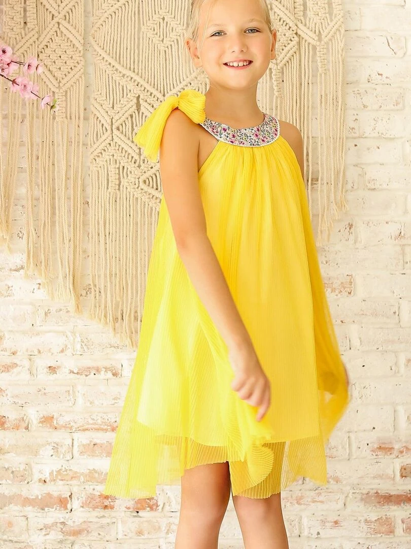 Robe Cérémonie Fille Voile Jaune Col Fleuri Liberty Lilas ALIZEE La Faute à Voltaire Jaune