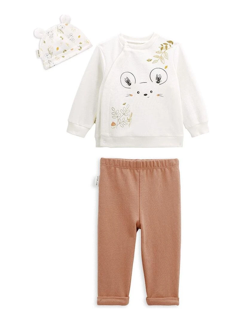 Ensemble sweat et pantalon avec bonnet bébé mixte Mini Souris Ecru