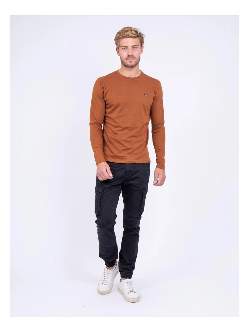 T shirt manches longues col rond pur coton JARYZO   Marron