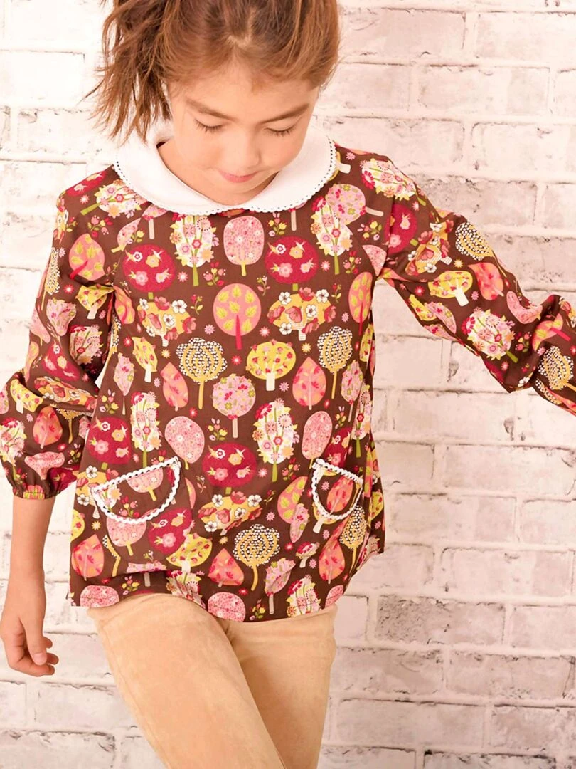 Blouse Col CLAUDINE   Imprimé Fantaisie Marron Rose   'LA FAUTE A VOLTAIRE'   Marron
