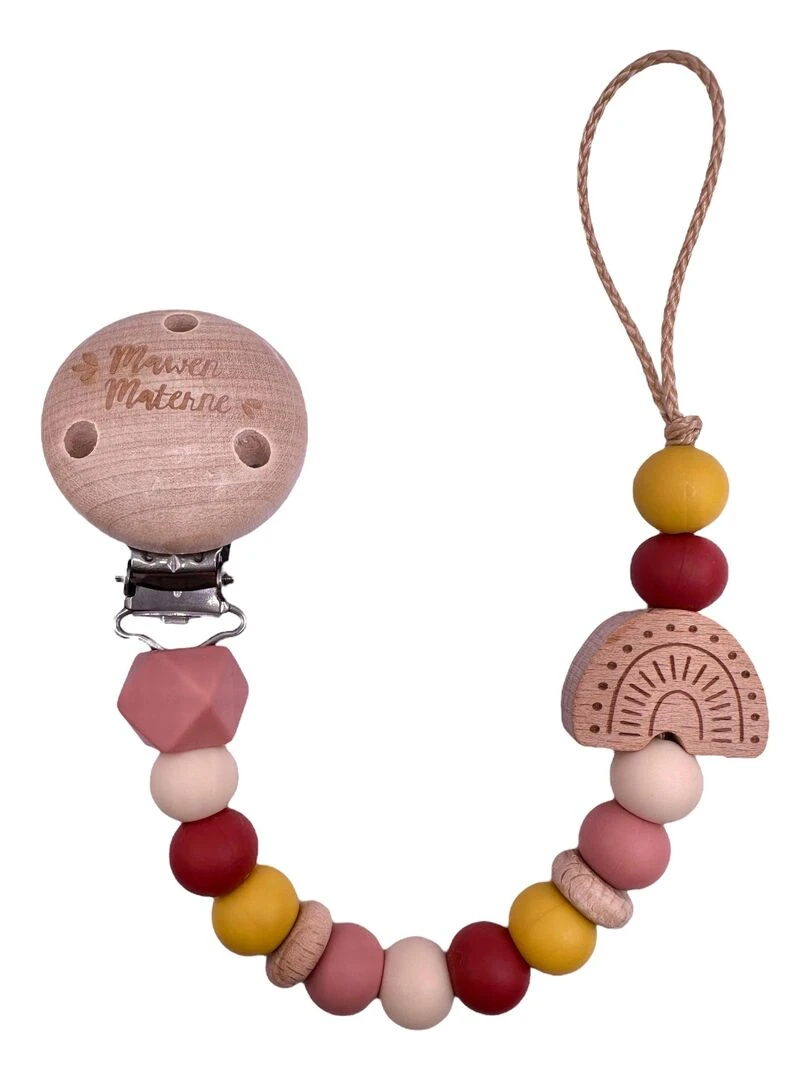 Attache tétine bois et silicone 'Arc en ciel bois' Rose rouge
