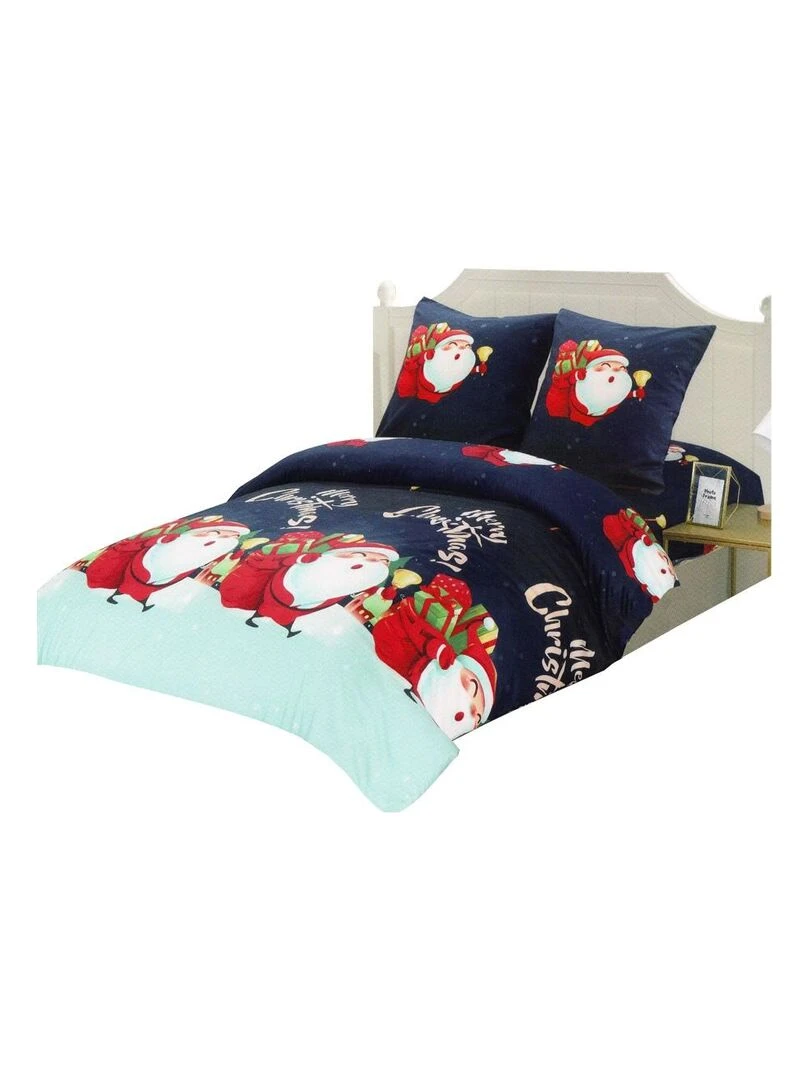 Housse de couette + taies 200 x 200 cm + drap housse Pere noel Merry christmas Bleu