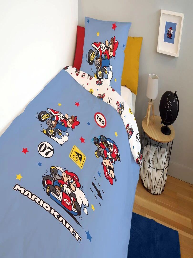 Housse de couette Mariokart 140x200 cm et taie d'oreiller   100% Coton   Bleu