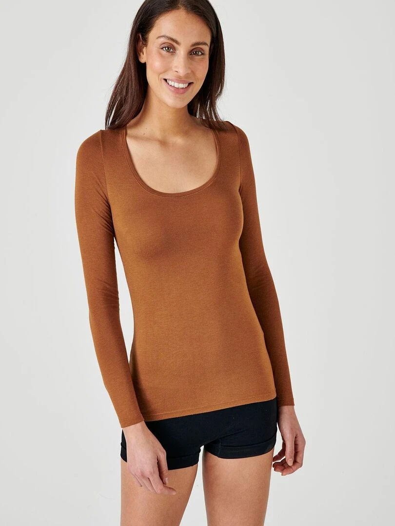 T shirt manches longues Thermolactyl invisible Damart Marron havane