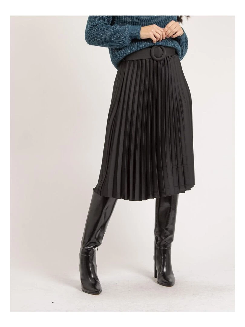 Jupe mi longue plissée satin et ceinture XOLIA Noir