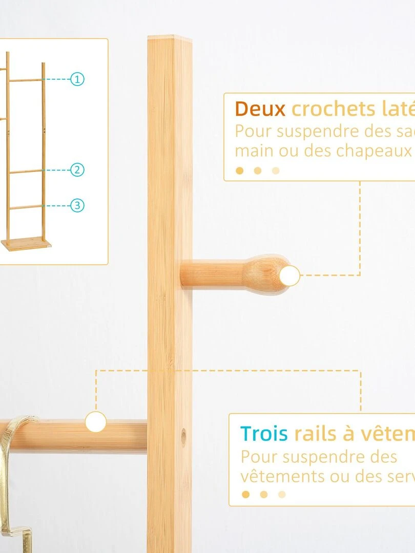 Penderie porte manteaux   3 barres  2 patères   bois bambou   Beige