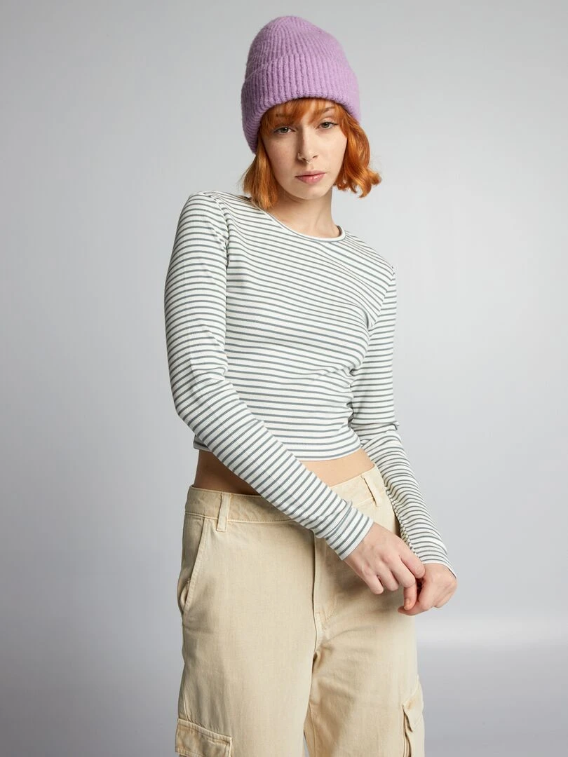 Crop top côtelé à rayures Gris/blanc