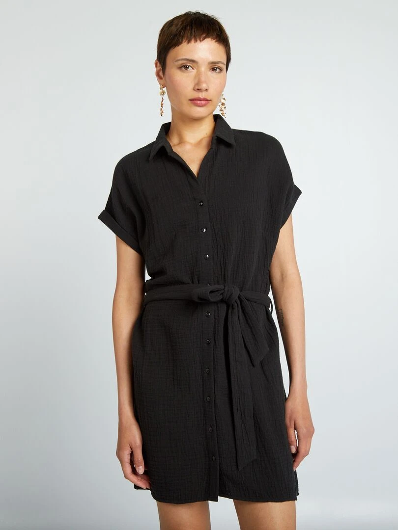 Robe courte forme chemise en double gaze de coton noir