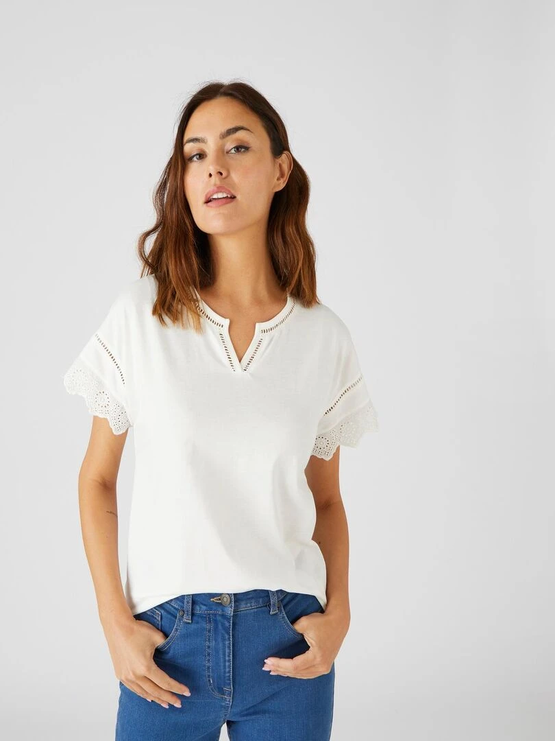 T shirt broderies anglaises pur coton Damart Blanc cassé
