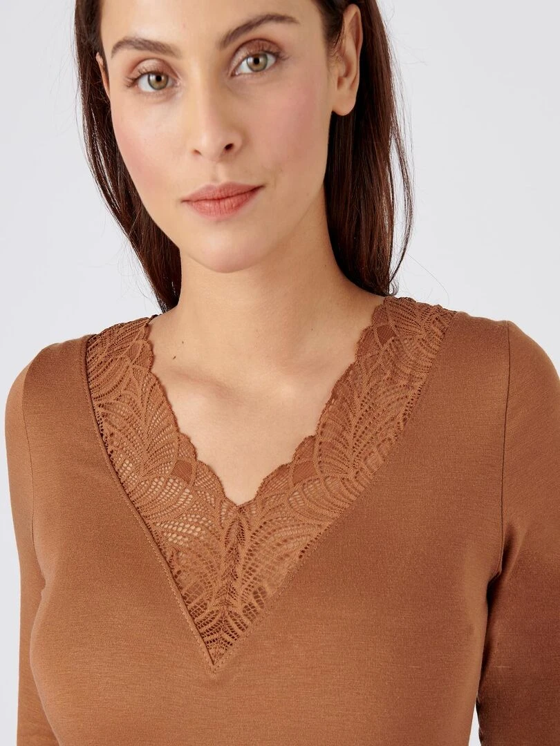 T shirt manches longues dentelle Thermolactyl invisible Damart Marron