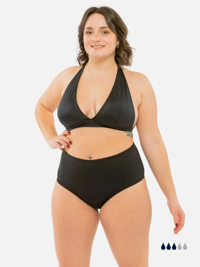 Bas de Maillot de bain Menstruel taille haute croisé   Flux moyen   Nola   Noir