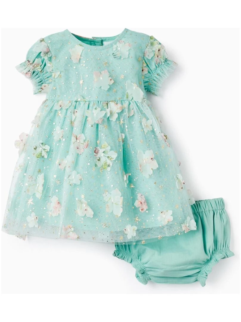 Robe en Tulle et Fleurs + Bloomer pour Nouveau Né manches courtes CÉRÉMONIE Vert