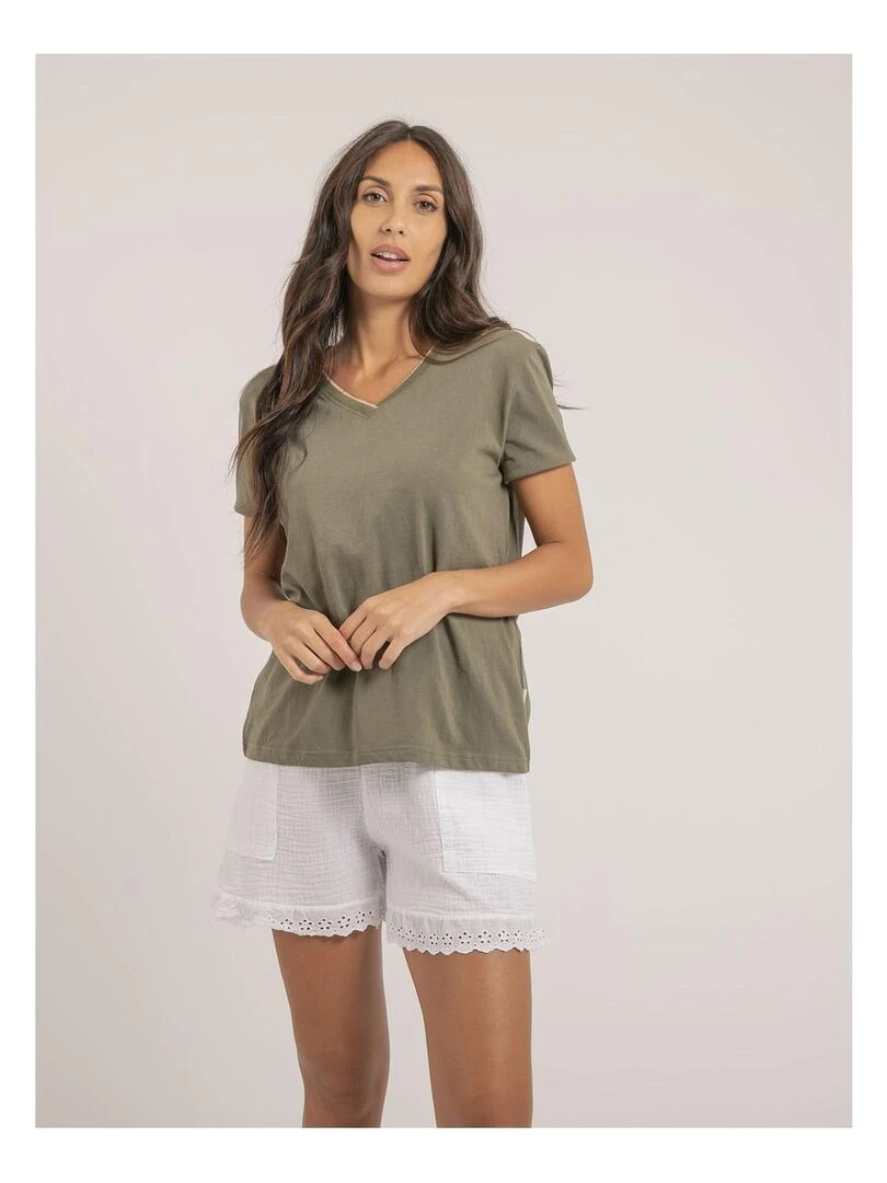 T shirt col V pur coton FAMIA Kaki