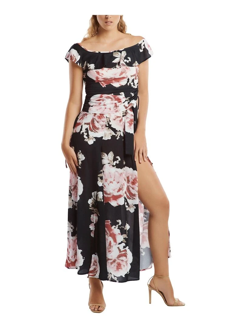 Top froncé épaules tombantes Hawaii   Noir