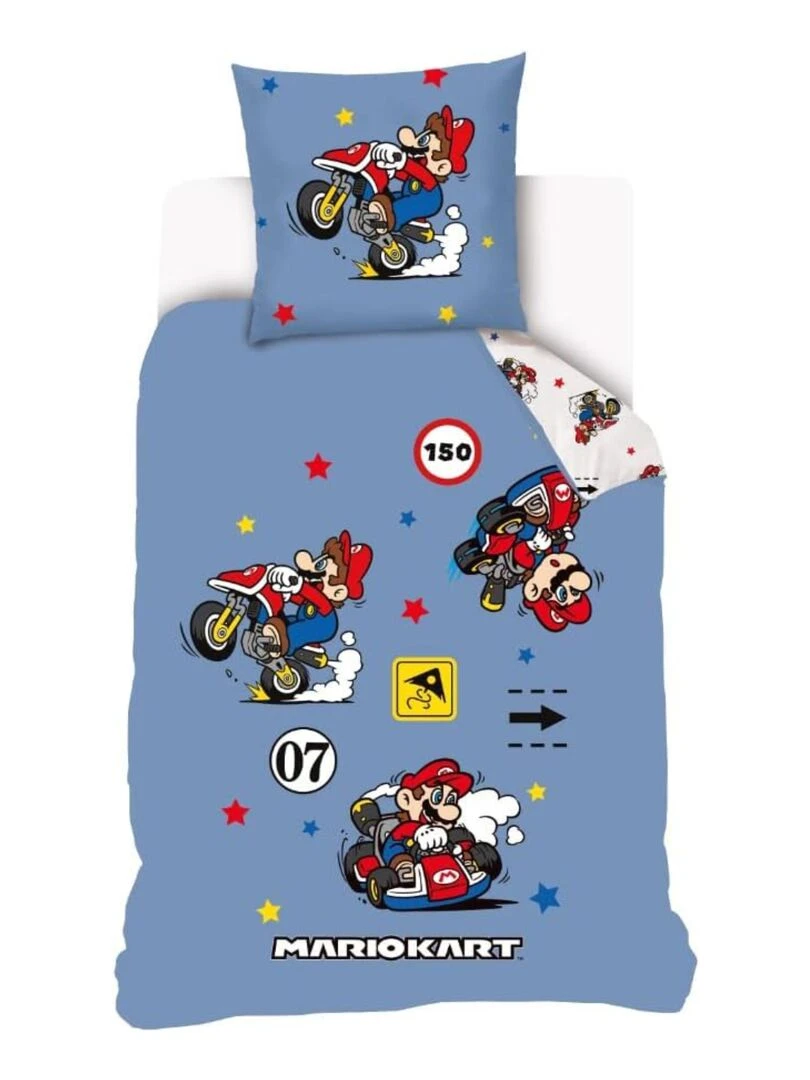 Housse de couette Mariokart 140x200 cm et taie d'oreiller 100% Coton Bleu