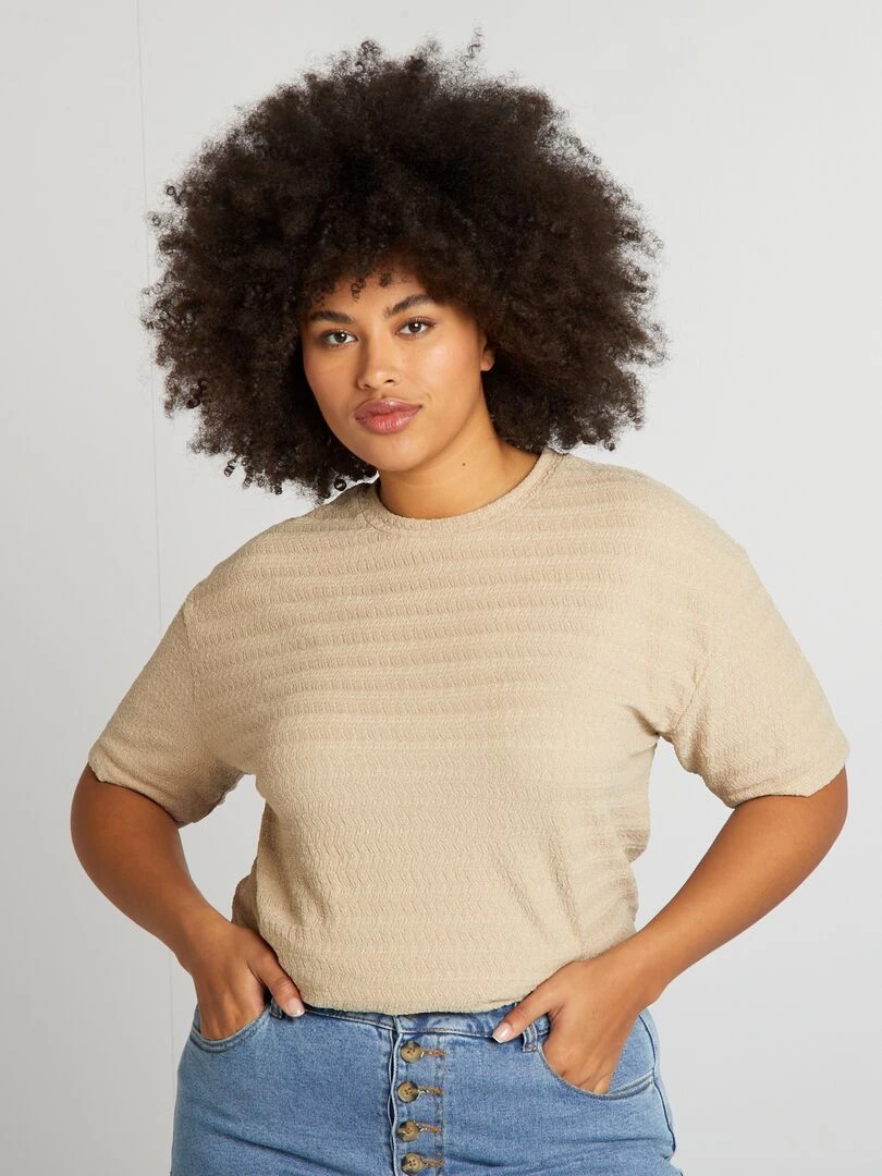 T shirt en matière gaufrée manches courtes Beige