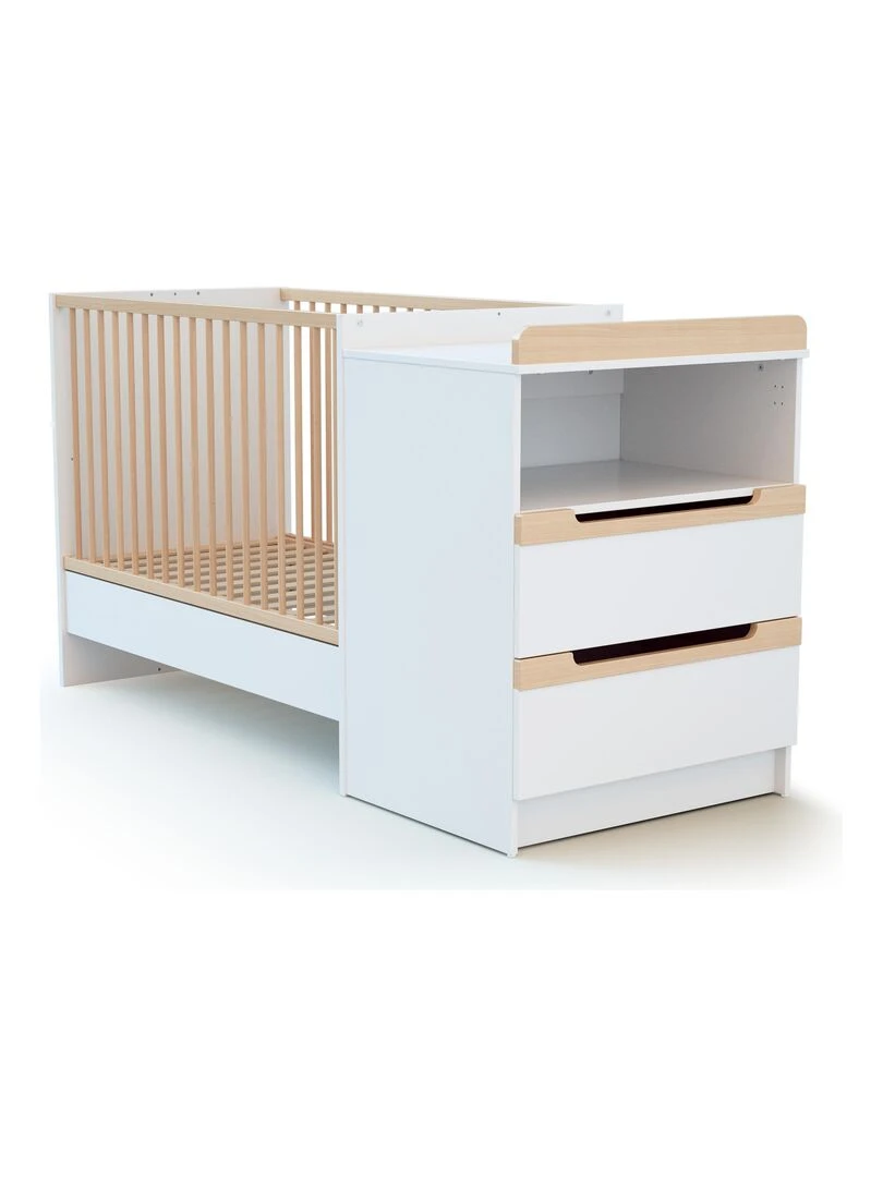AT4    Combiné lit bébé évolutif Carrousel en bois Blanc et Hêtre 60 x 120 cm   Marron clair