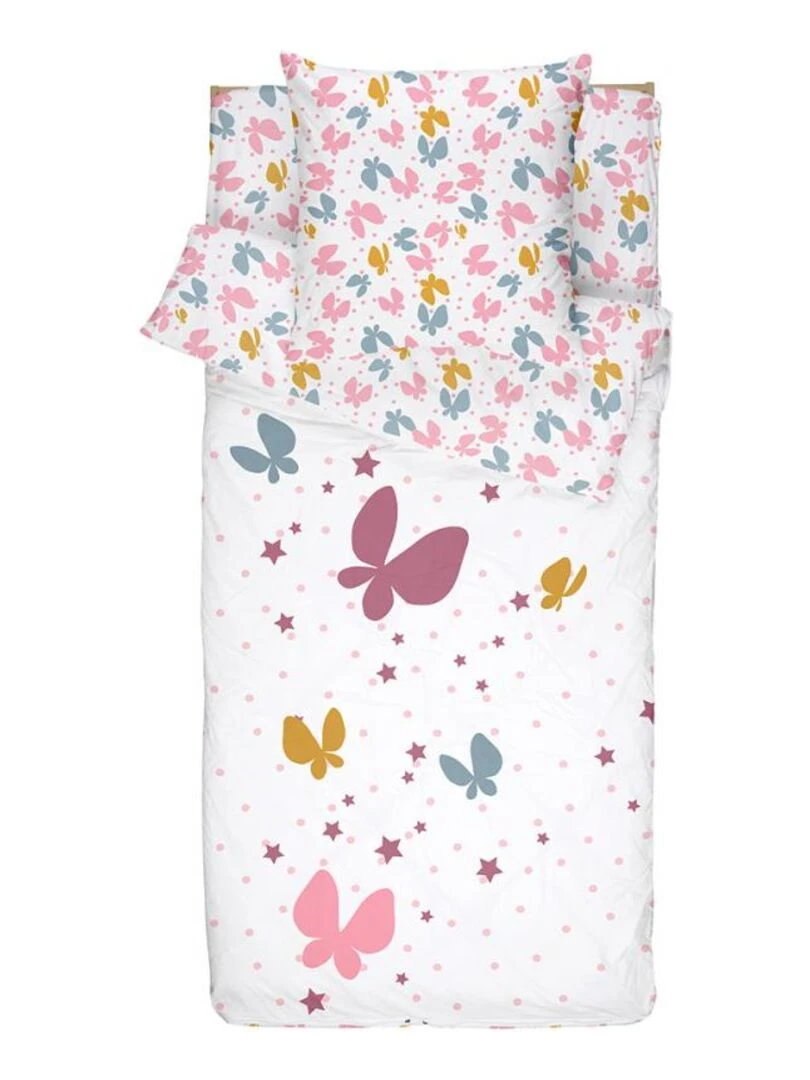 Bleu Câlin Rechange Caradou® Papillons Parure de Lit Enfant Sans Couette 90x190cm Blanc Rose