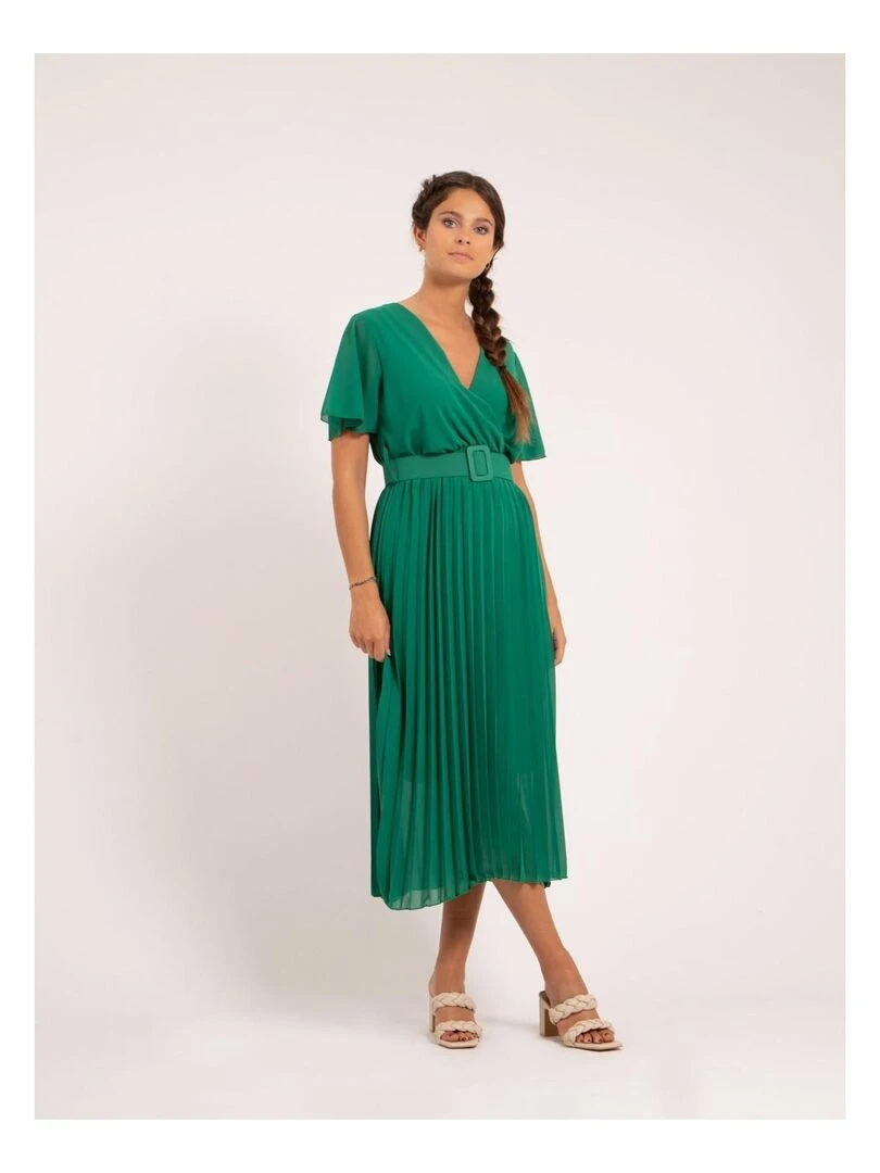 Robe midi plissée et ceinture ISALA Vert