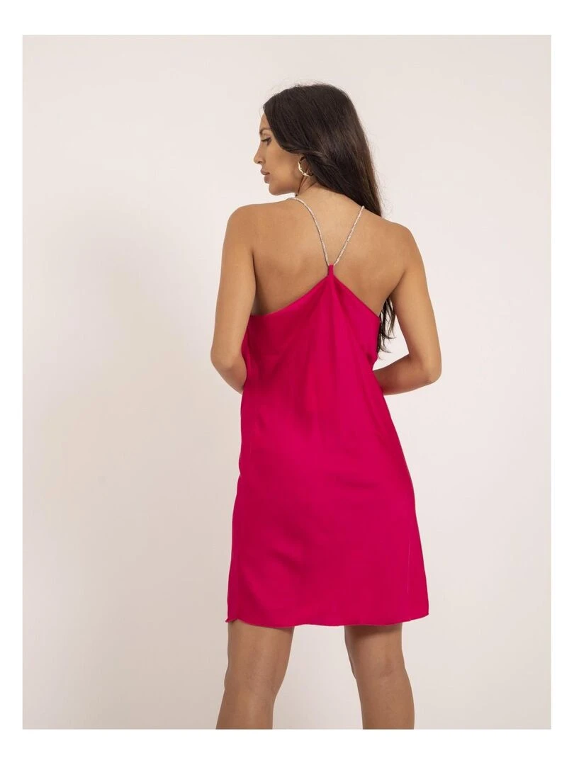 Robe courte satin manches bijoux IWAEL Rose fushia