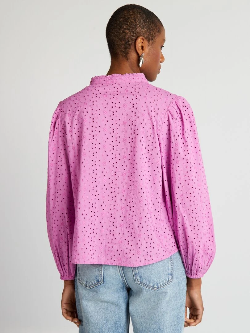 Blouse brodée et ajourée avec col V   Rose