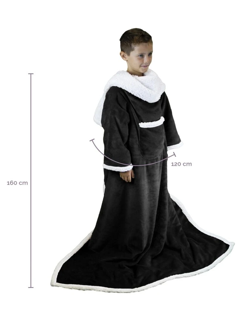 Couverture polaire plaid intégral avec manches et poche Sherpa et flanelle Vivezen Noir