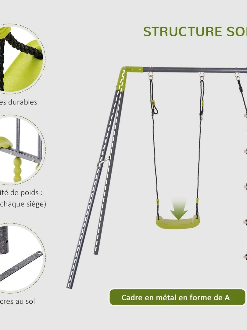 Balançoire 3 agrès portique avec balançoire  échelle et face à face   Gris