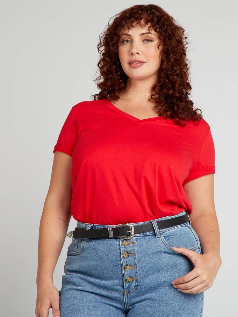 T shirt en jersey à col V rouge