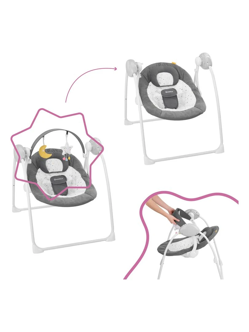 Badabulle Balancelle Electrique Bébé Moonlight   Arche de jeux inclus   Berceuses   Garantie à vie   gris anthracite