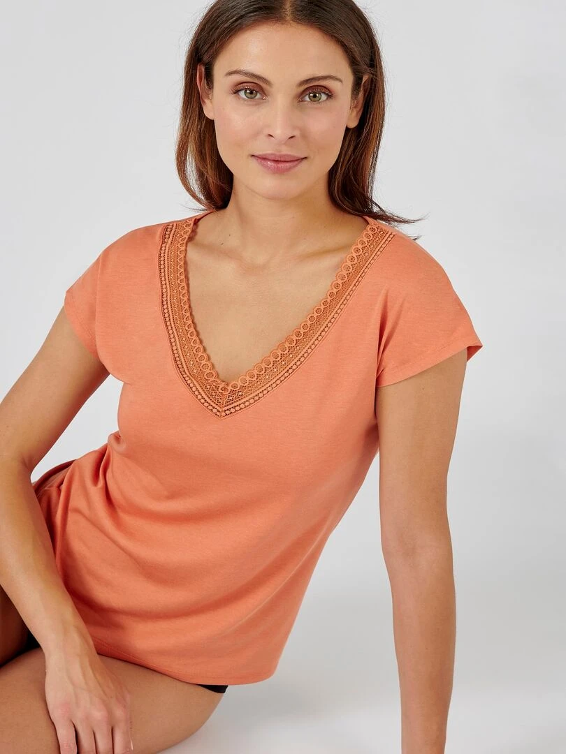 T shirt col dentelle Climatyl   Damart   Marron foncé