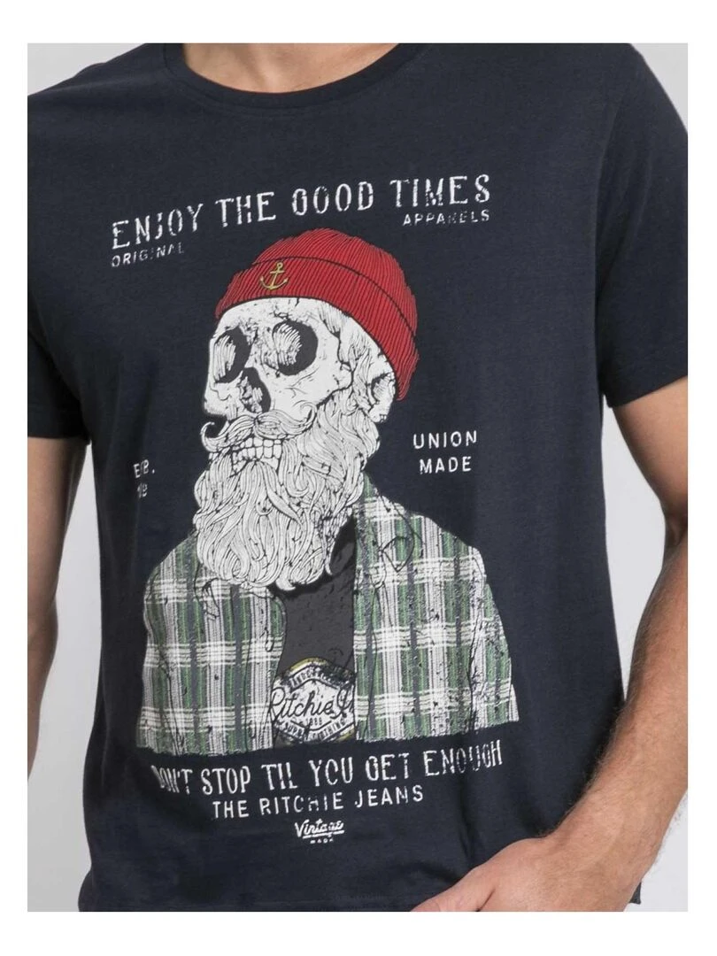 T shirt col rond pur coton JORUSTIX   Bleu marine