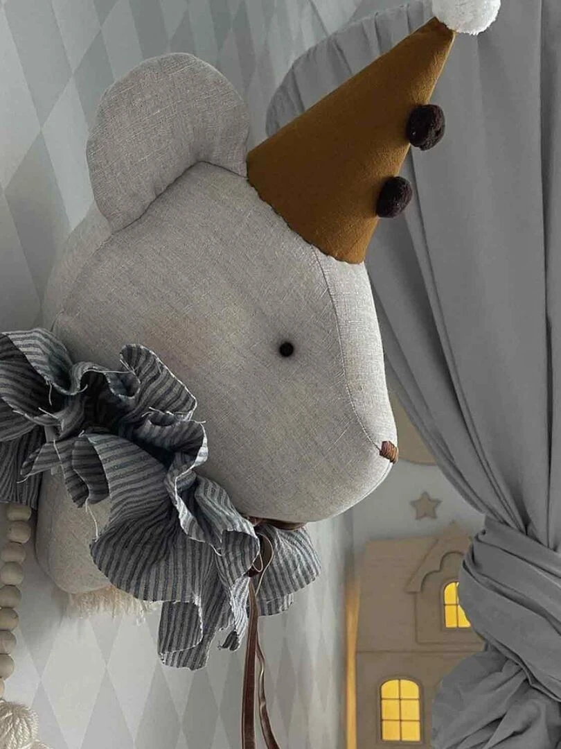 Trophée mural enfant en lin Ours Alex Beige
