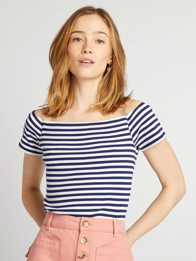 T shirt bardot en maille cotelée Bleu rayé