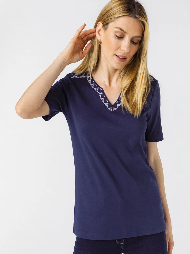 T shirt brodé pur coton Damart Bleu marine