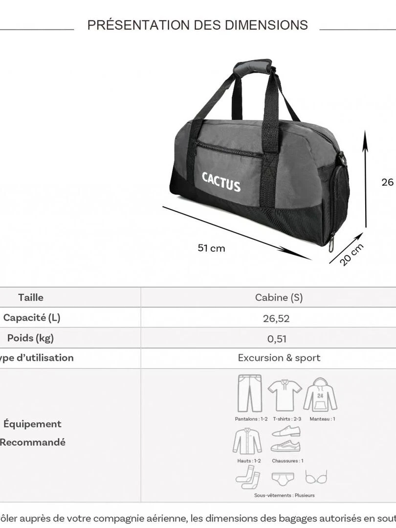 Sac de voyage week end 26L et sport sans roulettes Gris