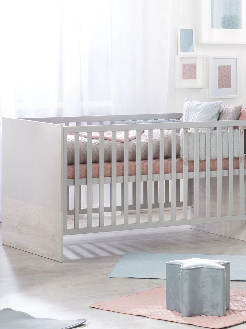 ROBA Lit bébé évolutif "Maren 2" 70x140 Hauteur Réglable 0 à 7 Ans Gris Clair/Chêne Blanchi Gris clair