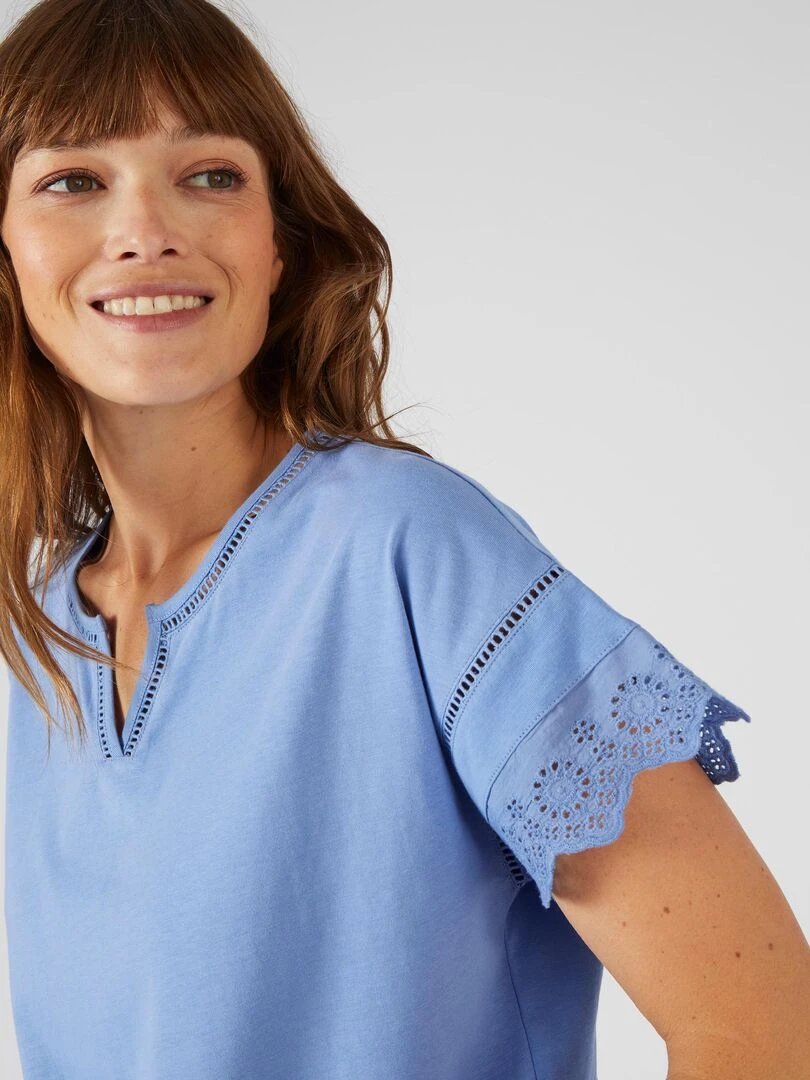 T shirt broderies anglaises pur coton   Damart   Bleu
