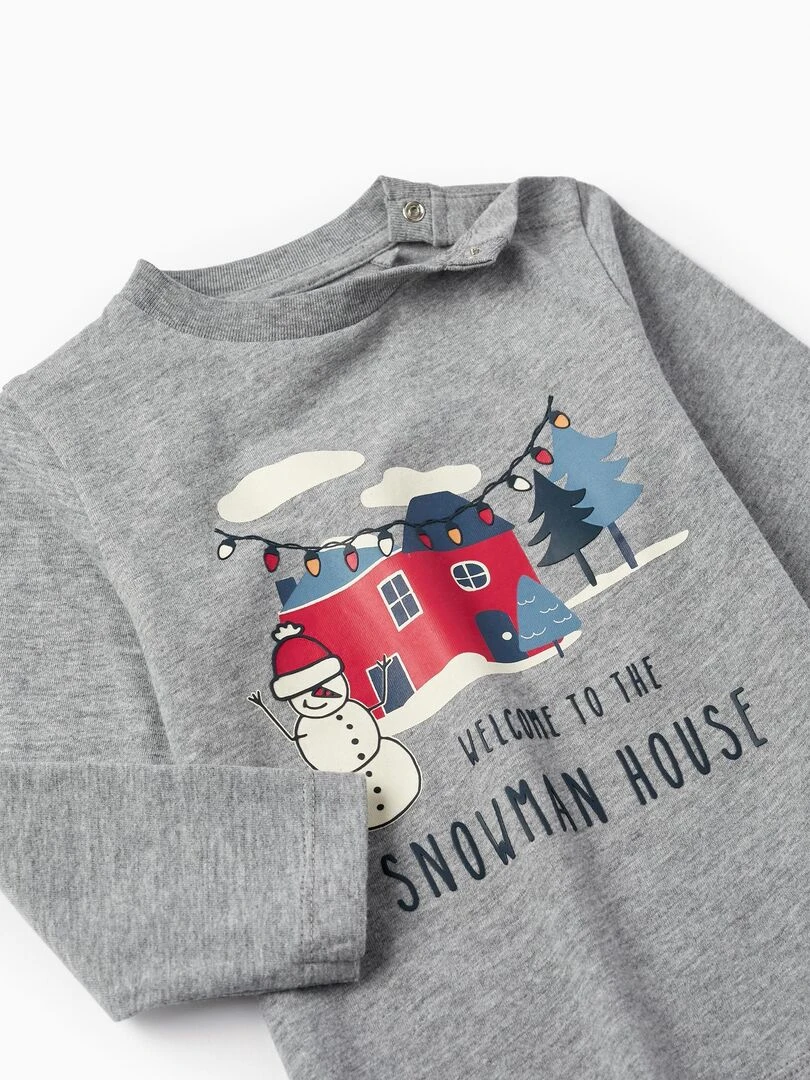 T shirt en coton pour bébé garçon 'Snowman House' manches longues  NOËL   Gris