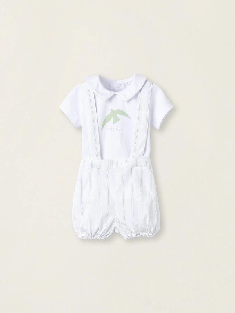 T Shirt + Short à Bretelles Pour Nouveau Né 'Vole' ATLANTIC COMPANY Blanc