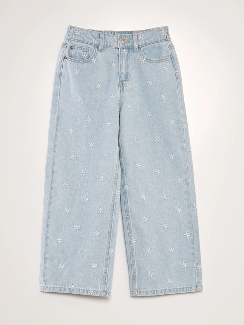Pantalon en jean wide leg   Bleu fleurs